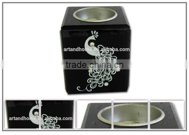 black printing glass candle holder with peacock 1230.020-A