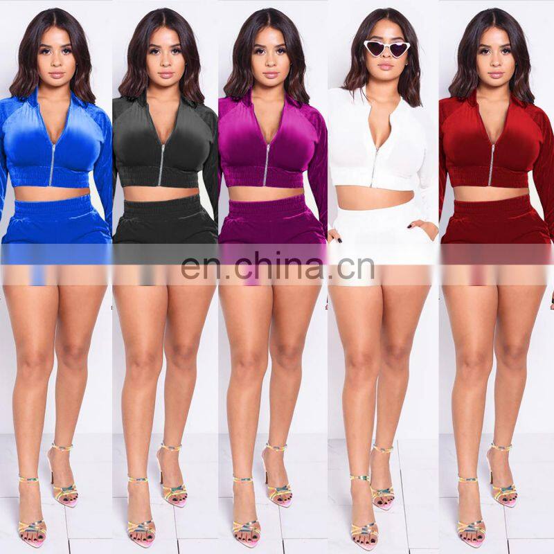 Clothing wholesale custom solid color long-sleeved shorts suit sexy casual two-piece plus size women's clothing