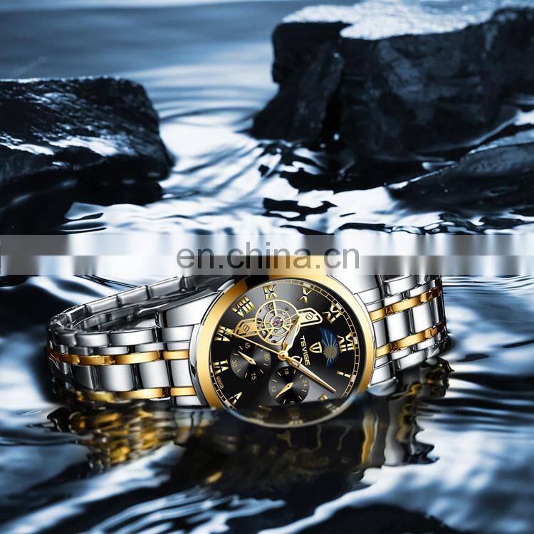 TEVISE 9005B Luxury Men Stainless Steel Sun Moon Phase Watches 24 Hours Display Automatic Mechanical Brand Wrist Watch