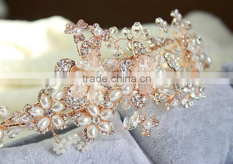 2015 Hot Sale Handmade Rhinestone Golden Flower Hair Band Hair Accessories for Women