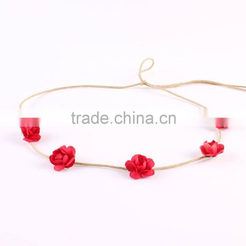 Hot-sales baby rose flower Headband girl Leather rope flower hairband Toddler baby rose flower crown Headband wh-1825