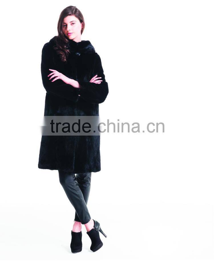 2015 New Design Medium Length Winter Women Coat With Mink Fur Hat Overcoat