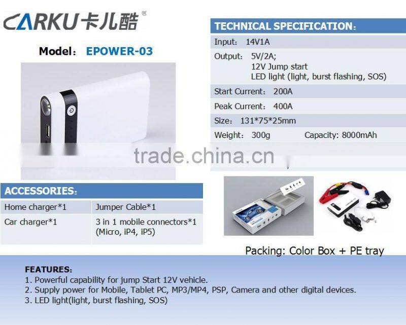 High quality Carku 8000mah peak 400amp 12v portable emergency auto mini jump starter for car