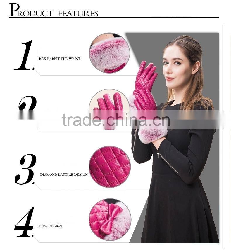 Rex Rabbit Fur Wrist Trim Genuine Sheep Leather Gloves Dimond Lattice Design