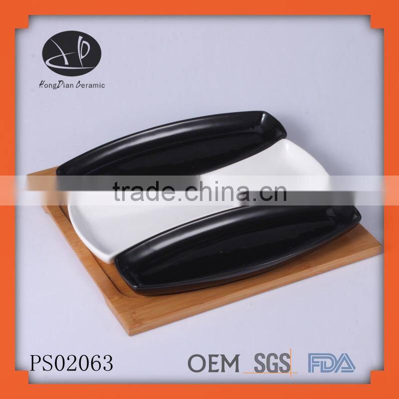 fine royal porcelain snack serving dish and wood tray