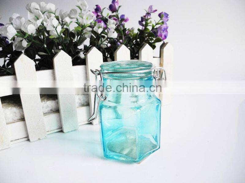 kitchen utensils mini hexagon glass cruet bottle with metal latch top lid