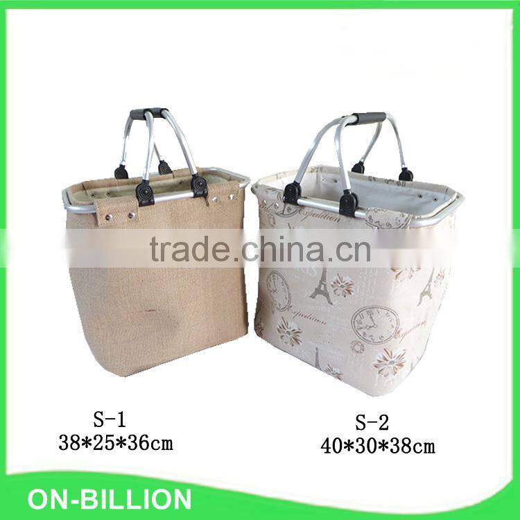 Collapsible jute fabric laundry basket with removable handles