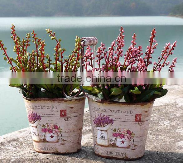 2 set metal flower garden plant pots set with a wooden handle