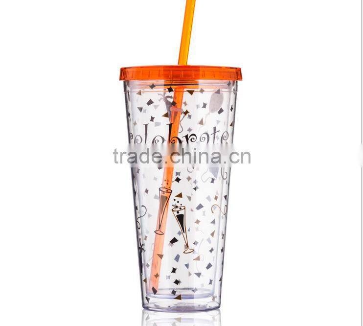 Plastic Cup Double Wall Material Ice Cream Cup With Straw