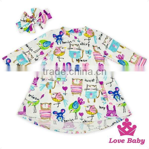 48BQA141 Lovebaby New Fashion Girls Printed Flowers With Bow Headband Kids Dress Casual Frock Designs