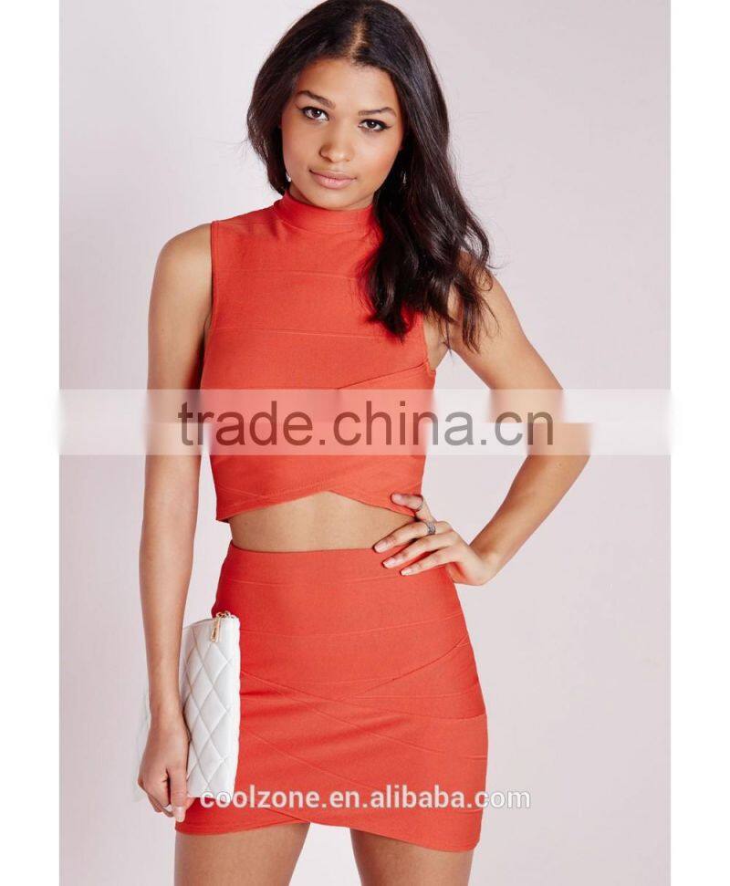 Wrap over sleeveless bandage design two piece evening dress