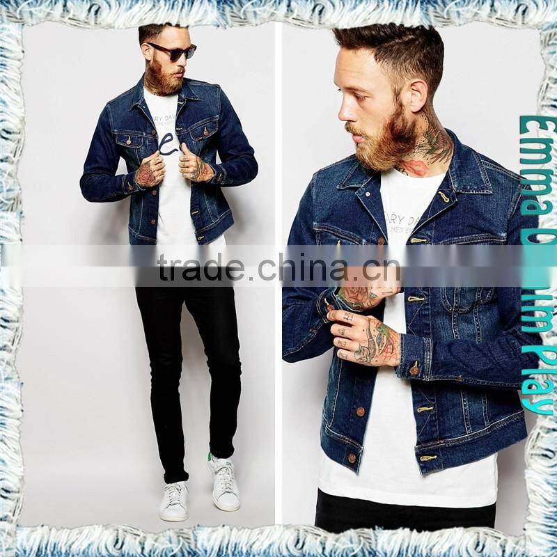 Fashion Long Sleeve Blue Denim Mens Skirts Casual Coat with Copper Button