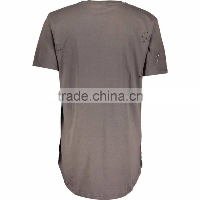 Stylish Slate Round Neck Distressed Long Line T Shirt for Man