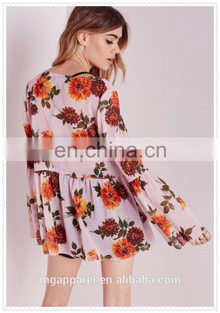 new style women oversized pink floral printed sexy chiffon blouse