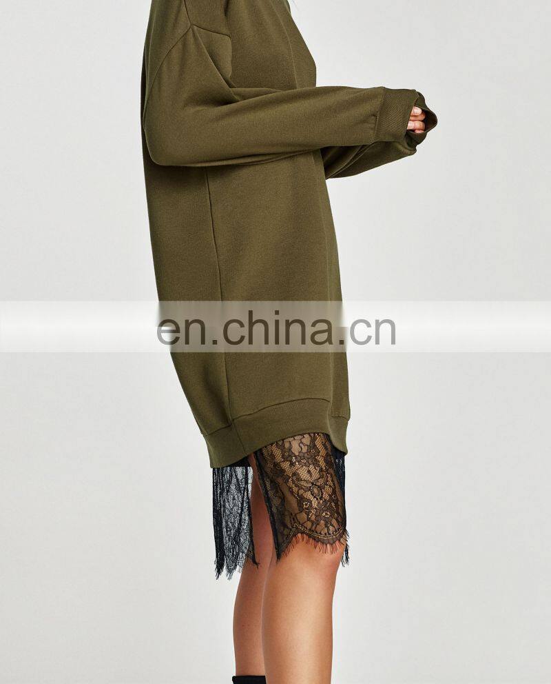 custom brand fashion women clothing O neck lace hem hoodies oversized sweatshirt dress