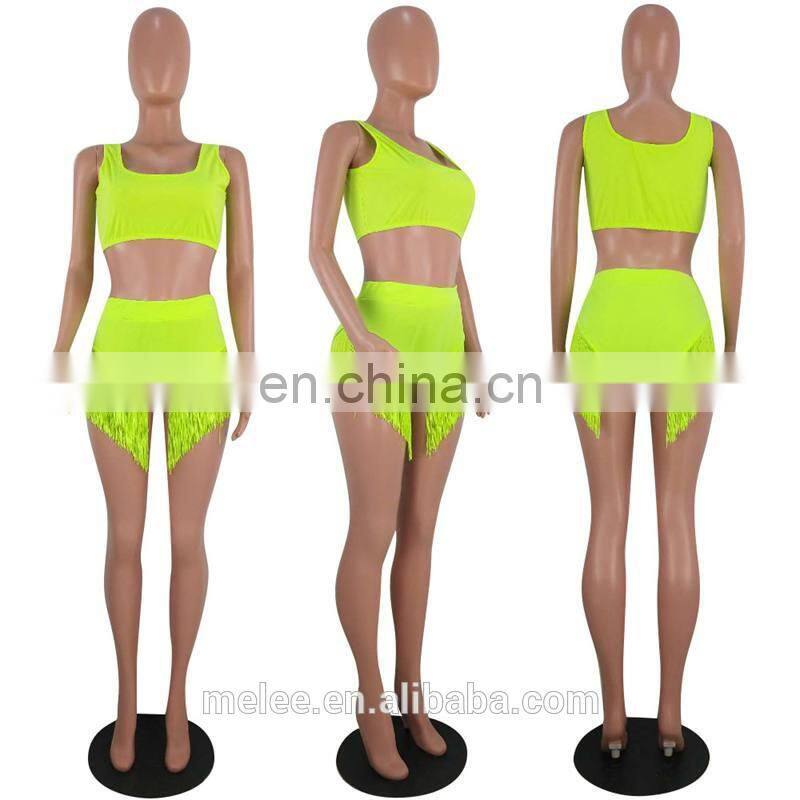 RST new fashion fluorescence green tassel bikini custom logo bikinis 2020 women swimwear beachwear buckle swimwear