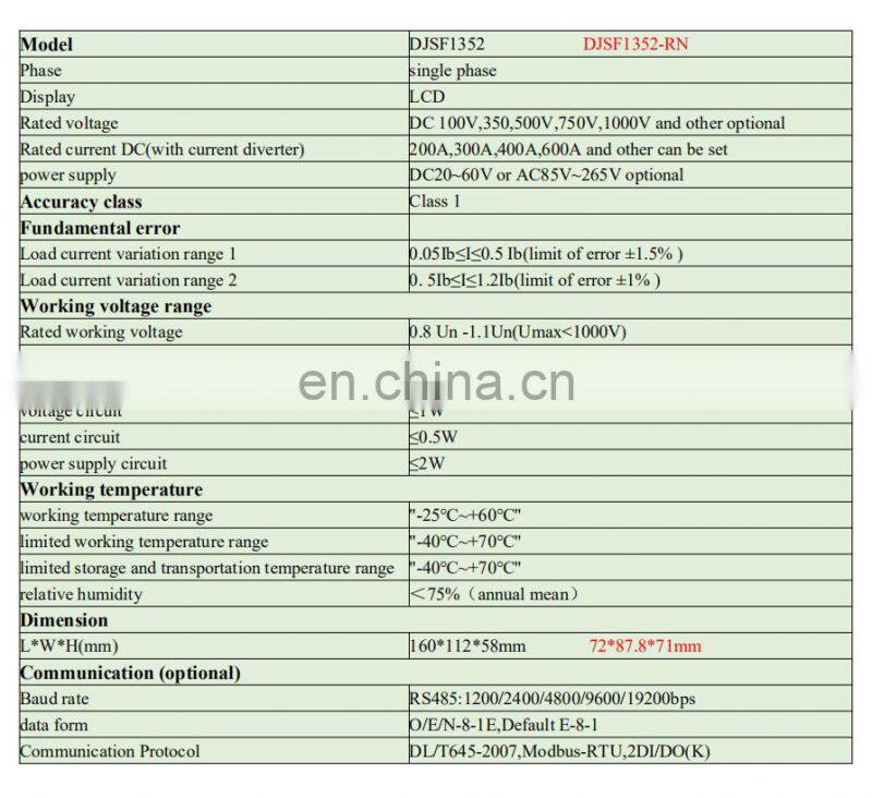 wall mounted type DC energy meter metering DC U I P Kwh with rs485 for charging pile dc metering