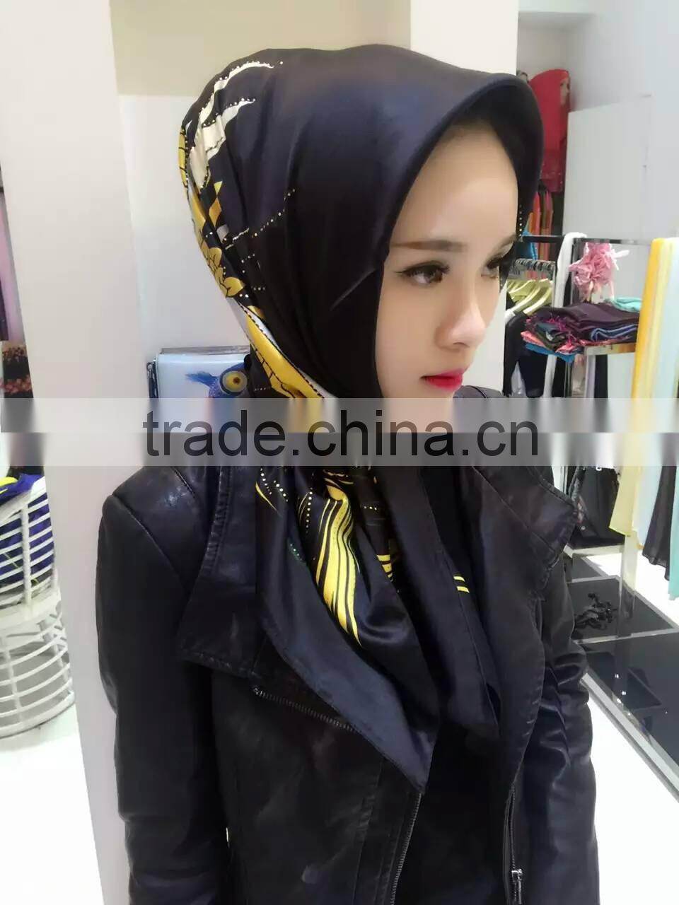 Newest 2016 printed 110*110cm silk square islamic headscarf;muslim scarf