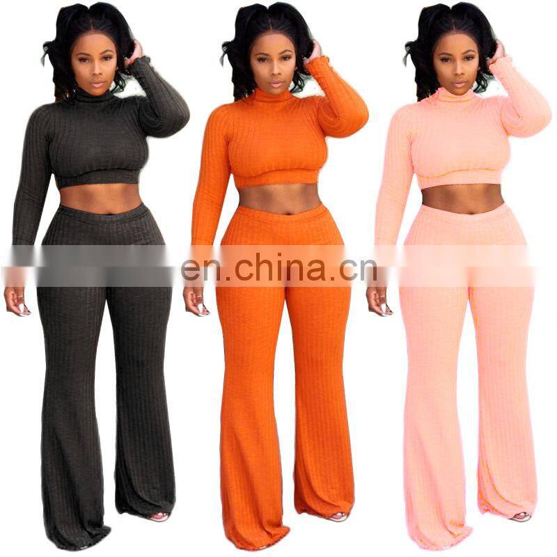 Spring and summer new sexy casual suit women solid color round neck long-sleeved wide-leg pants suit manufacturers wholesale