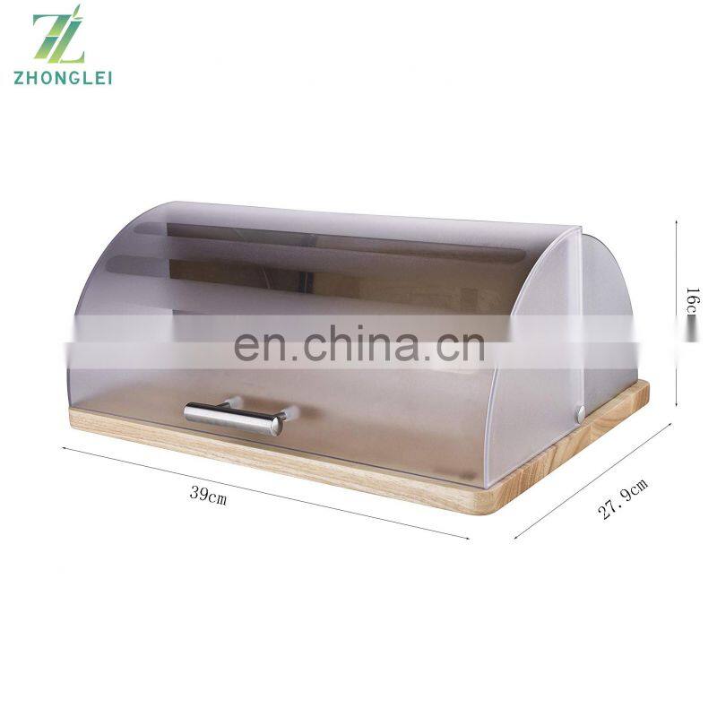 Bamboo Roll Top Bread Bin Stainless Steel Elegant bread box with Wooden Surface Silver