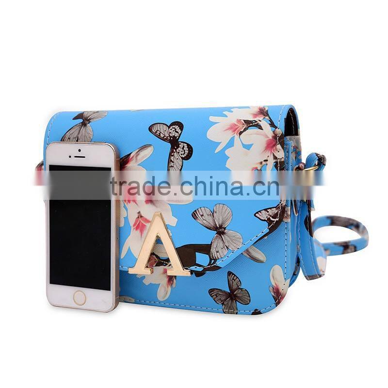Korean stlye flower butterfly printing fashion big capacity blue womens designer bags ladies PU Leather hobo shoulder bags