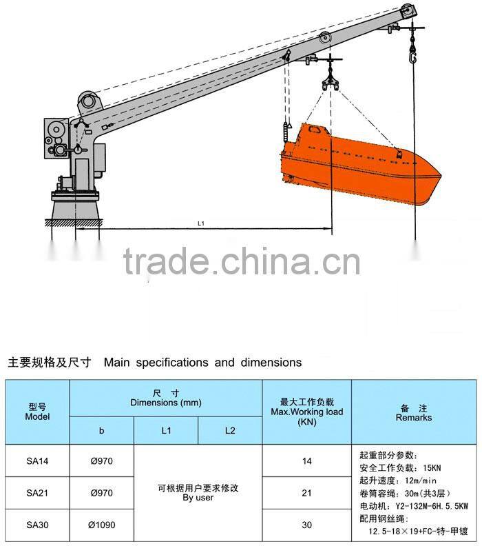 Marine electric single arm slewing davit