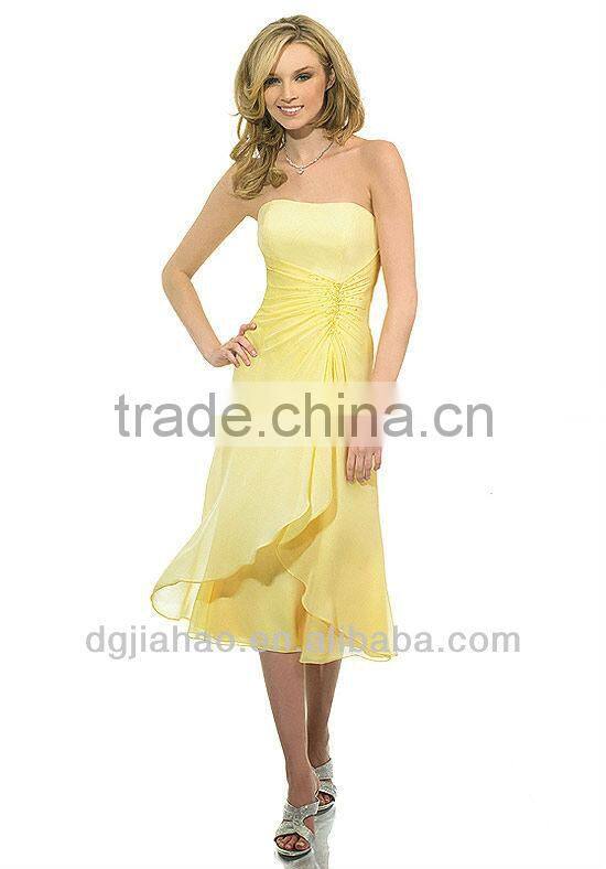 Tea Length Strapless Yellow Bridesmaid Dress 2013