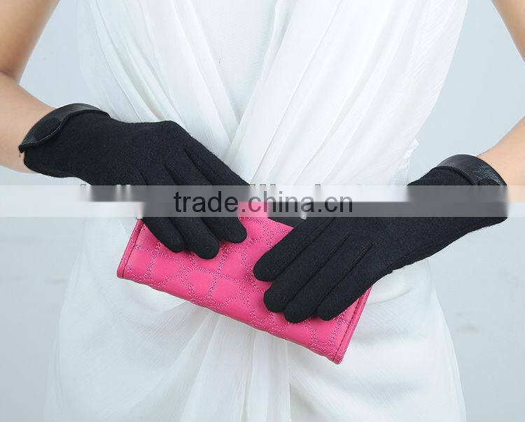womens unlined classical button woolen gloves with leather cuff