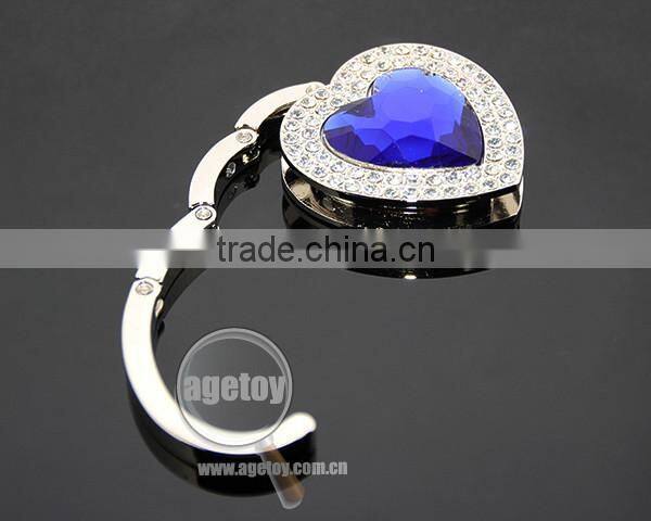 Blue Heart Crystal Rhinestones Fashion Lady Woman Hnadbag Hook Holder Foldable Alloy Metal Heart Bag Hanger