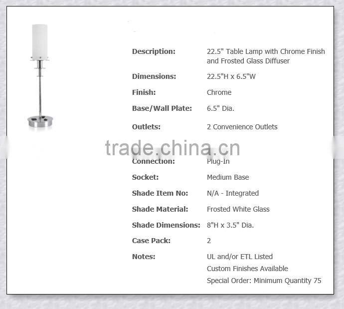 UL Approved Hotel Room Chrome finish and frosted glass Hotel Table Lamp With Outlet And On/Off Base Switch XC-H019