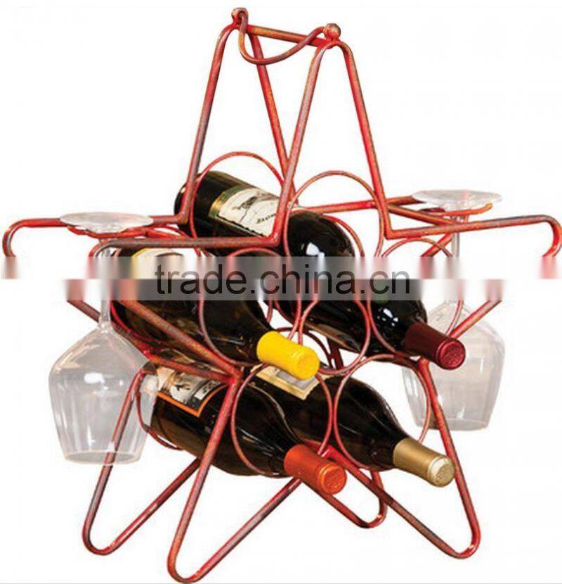 Rustic Star 5 Bottle Wine Rack with Glass Holders Table Top