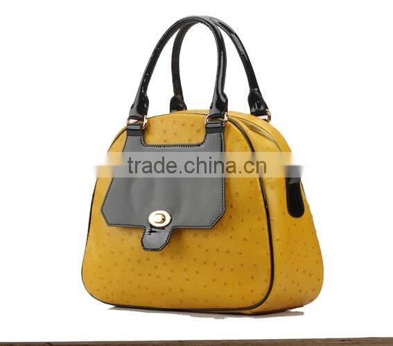 S494-B2545 luxury ostrich cow leather bag with patent leather lady handbags for wholesale