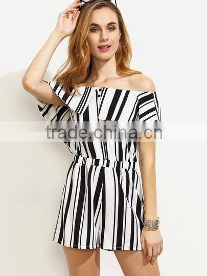 Bodysuits latest fashion design women clothing Black and White Striped Off The Shoulder Jumpsuit
