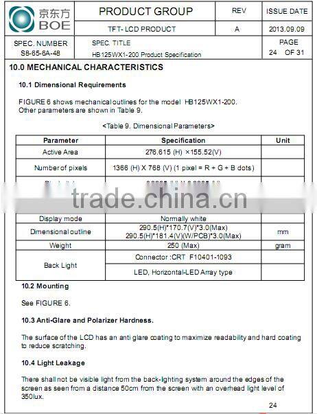 12.5 Inch colour TFT LCD with LCD backlight/Anti-glare surface HB125WX1-200 Monitors
