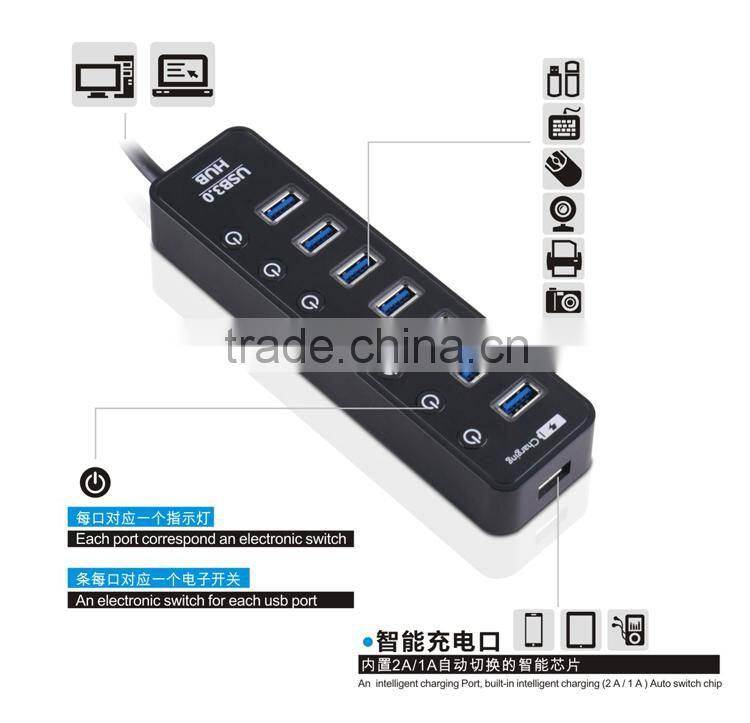 Top grade 7port usb 3.0 hub +1 intelligent quick charging port with individual switch and LED coorespond
