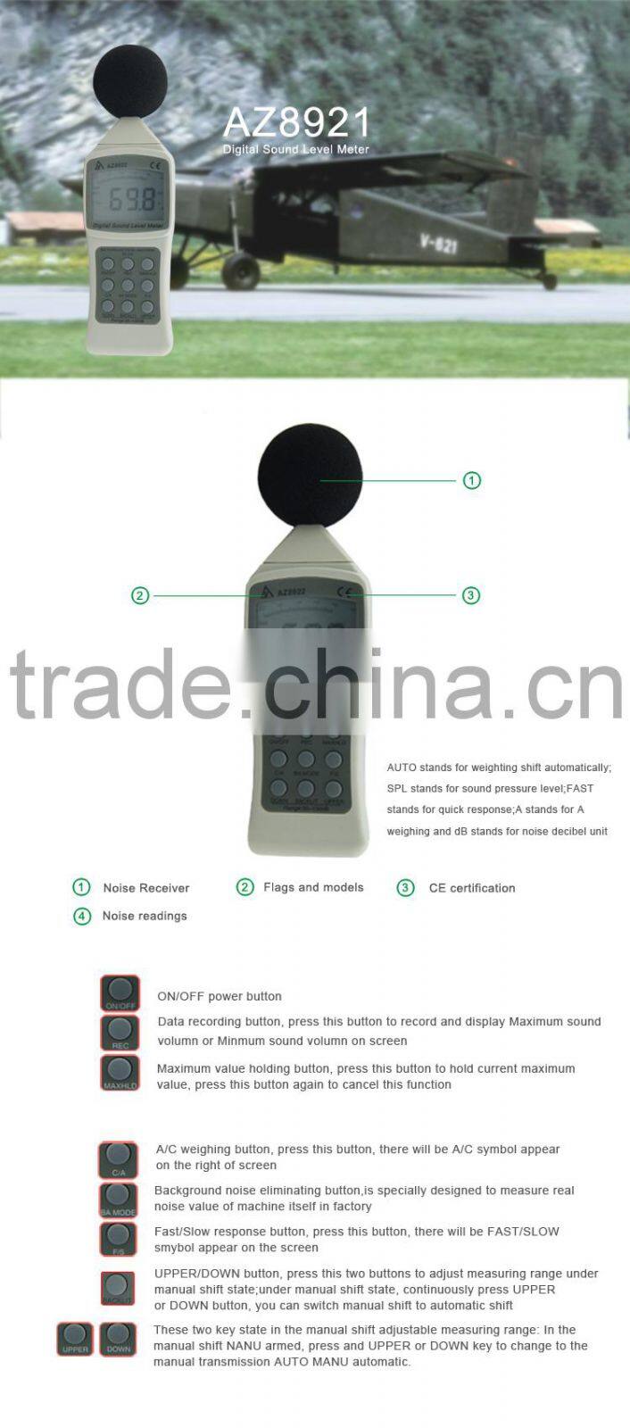 AZ 8922 RS232 Interface 30~130dBA Digital Sound Level Decibel Meter With A and C Weighting