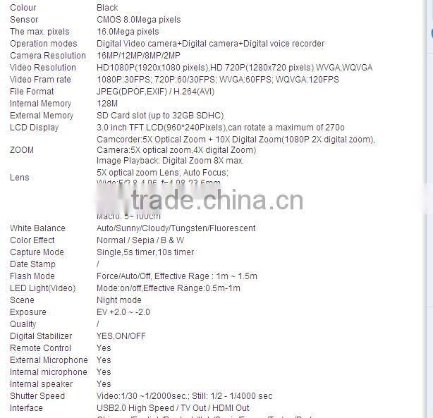 3.0"LCD tft card Recorder Camera+ hd 720P Video Camera digital camera