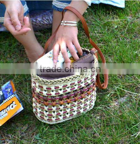 qingdao made GREY COLOR 3 kinds material straw women shoulder shopping bag