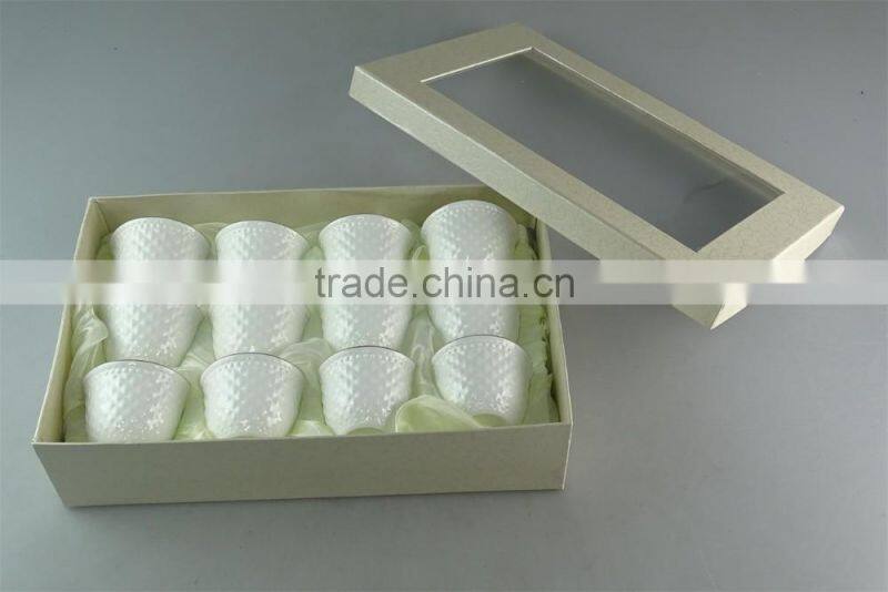 White ceramic tea cup with embossing and golden line for wholesale 6 pcs/set,with color box paking.