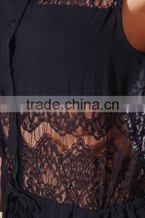 2014 new arrival Summer fashion Black Sheer Chiffon Lace Bow Tie Waist Button Up Party Jumpsuit OEM cheap