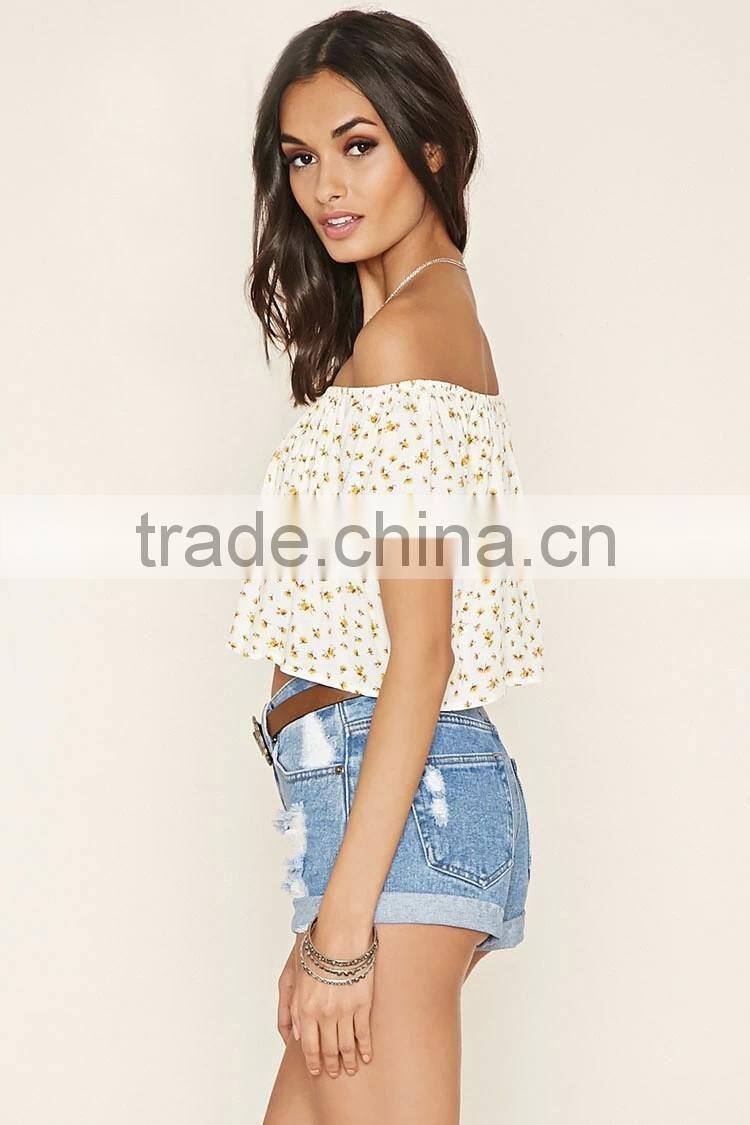 2016 Latest Off Shoulder Floral Print Cropped Top HST8015
