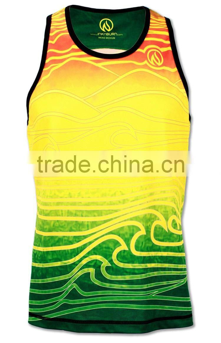 Wholesale running singlet with sublimation printing, v-neck/ round neck for ladies and men running singlets