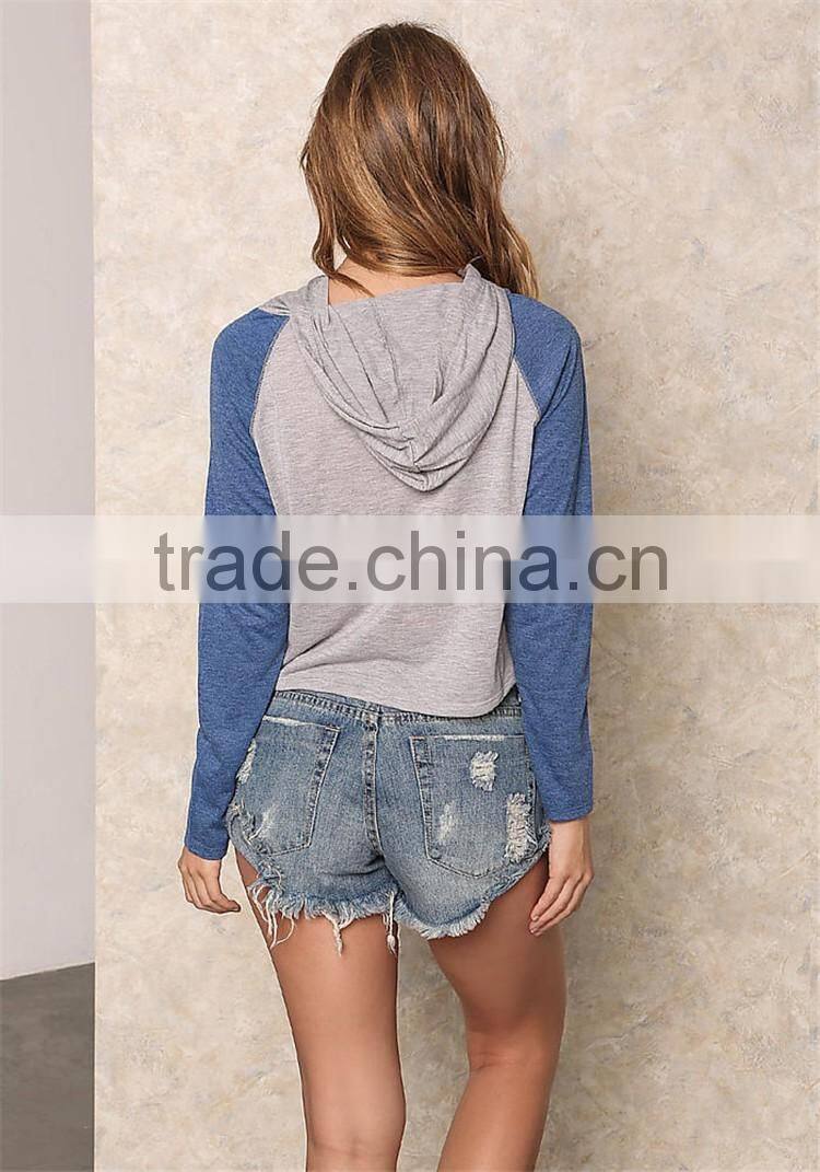 MGOO 2017 New Designs Navy Blue And Grey Raglan Sleeves Cropped Knit Hoodies Tops 180g 100% Cotton Jersey Plain