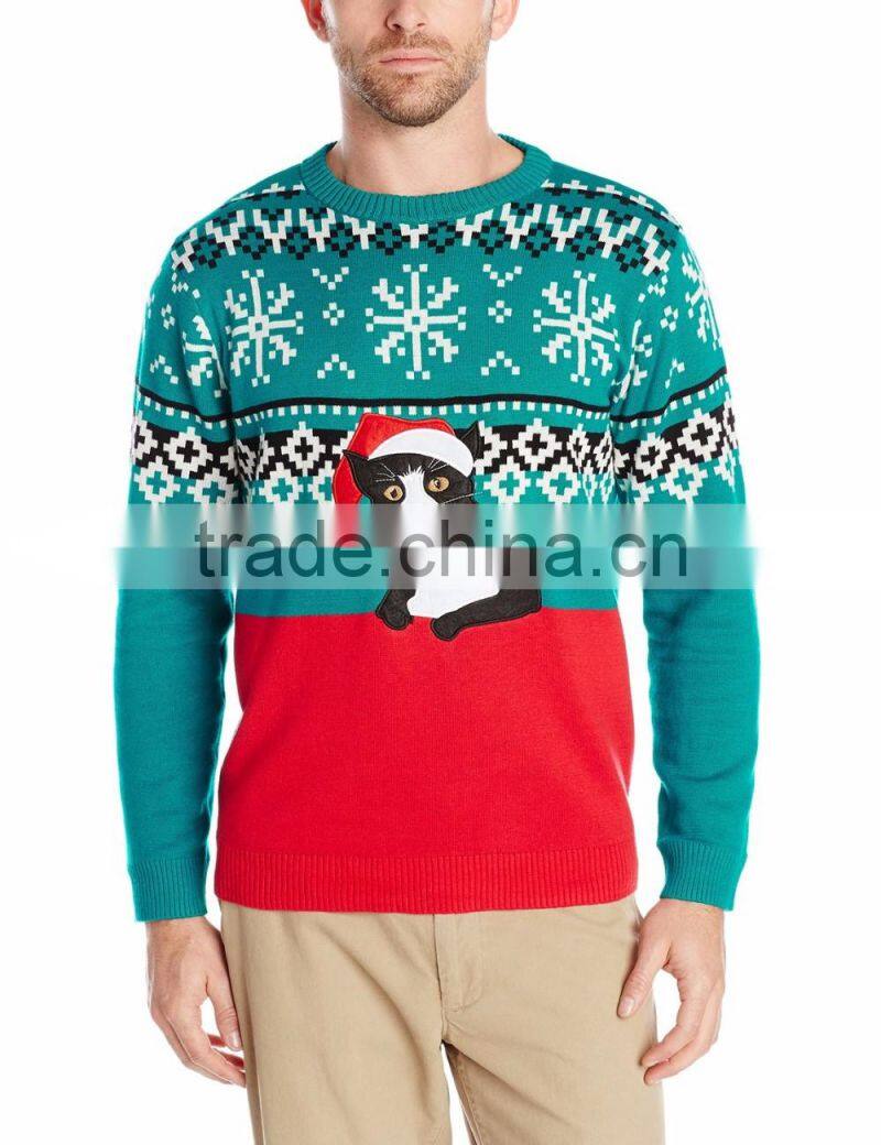 Men Green Sweater Christmas Hat Kitty Pattern Christmas Clothing