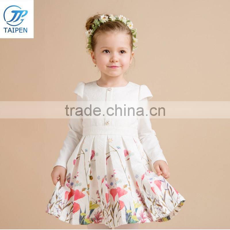 2017 Spring Girls Dresss Printed With Flowers Fashion Designs For Girls Long Sleeve Pleated Children's Dress