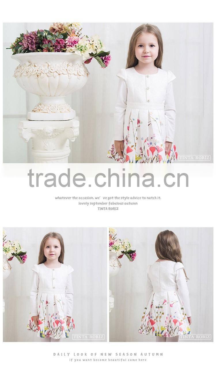 2017 Spring Girls Dresss Printed With Flowers Fashion Designs For Girls Long Sleeve Pleated Children's Dress