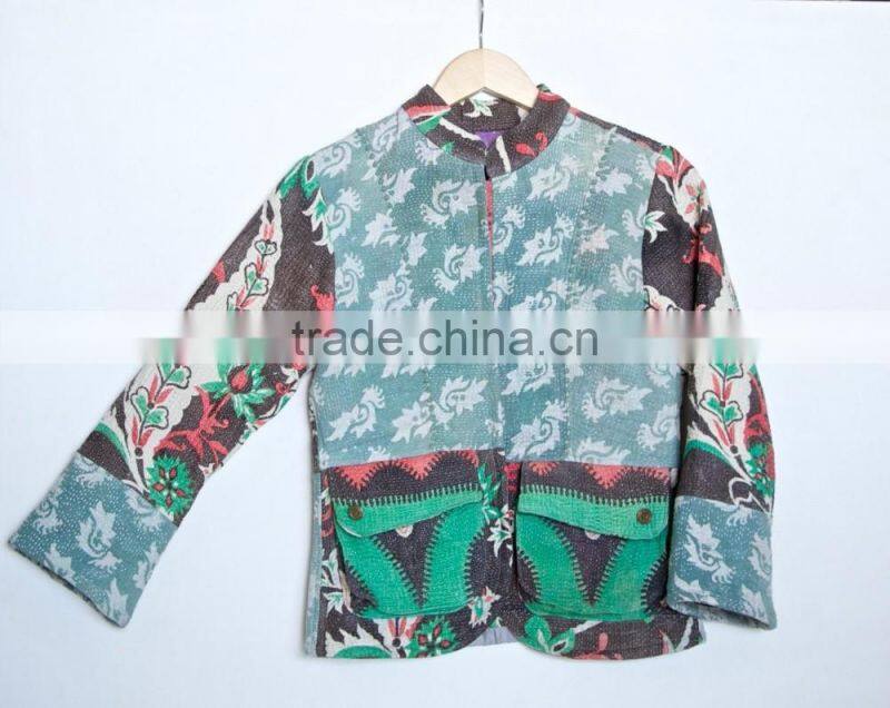 Vintage Kantha Jacket in Dirty Green & Brown ~ Small