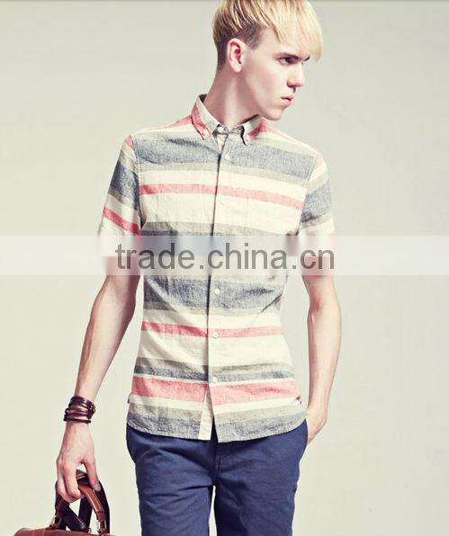 New fashion style woven linen & cotton short sleeve men shirt 2016