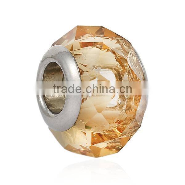 Lampwork Glass European Style Large Hole Beads Round Faceted Champagne Transparent With 304 Stainless Steel Silver Tone Core