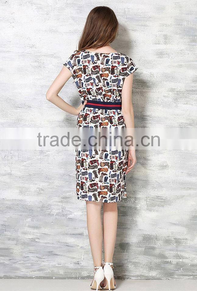 Wholesale Women Short Sleeve Digital Printed Elegant Slim Midi Dress Ladies Casual Chiffon Dresses